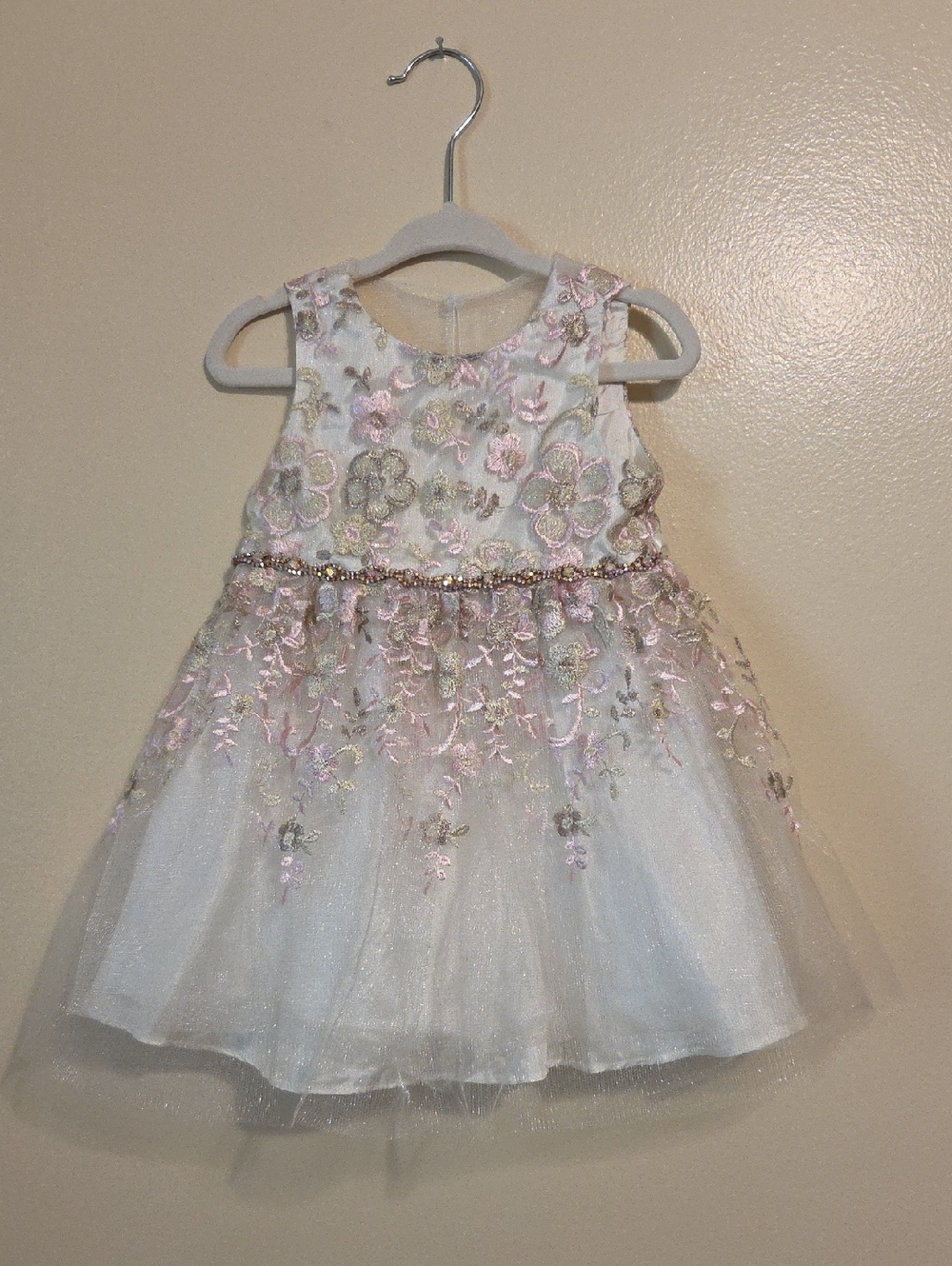 Rare Editions Infant Formal White Tulle Pink & Gold Floral Embroidery Dress 12 M